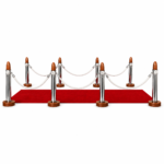 Side view of ceremonial red carpet runner with chrome and mahogany ceremonial bullets and white usher ropes