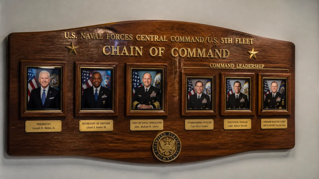 Chain of command board displayed on a Navy quarterdeck